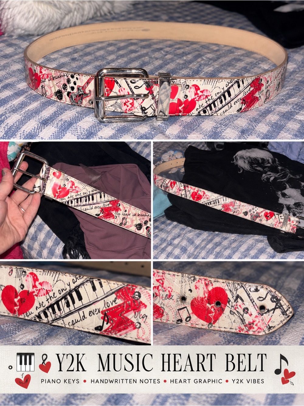Spencer's White Belt with Red Music Heart & Piano Key Design